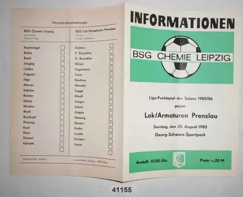 Programme de football Information BSG Chemie Leipzig - Lok/Armataturen Prenzlau, 25 août 1985