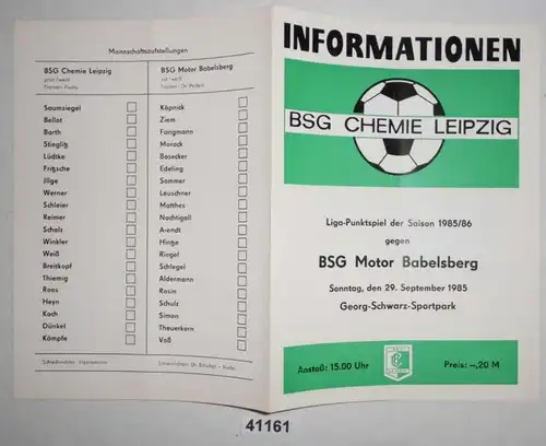 Programme de football Information BSG Chemie Leipzig - BAG Motor Babelsberg, 29 septembre 1985