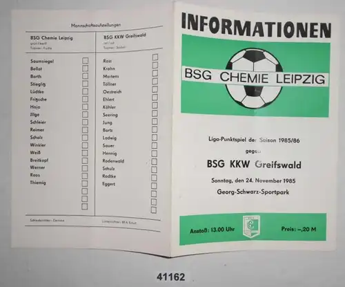 Programme de football Information BSG Chemie Leipzig - BSR KKW Greifswald, 24 novembre 1985