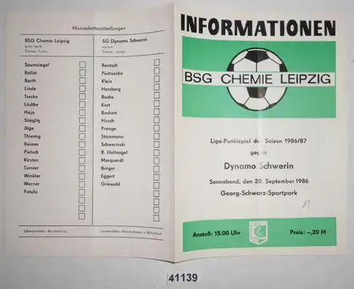 Programme de football Information BSG Chemie Leipzig - Dynamo Schwerin, 20 septembre 1986