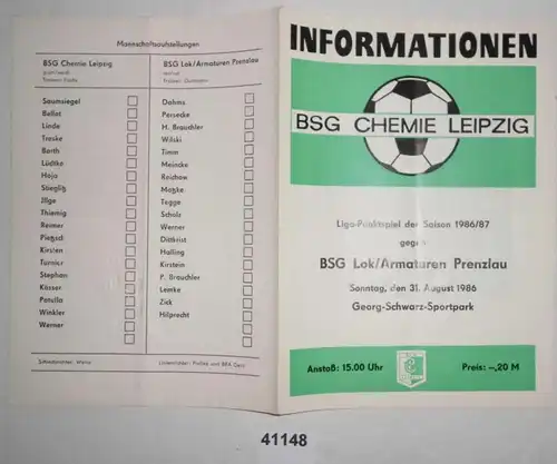 Programme de football Information BSG Chemie Leipzig - BSR Lok/Armataturen Prenzlau, 31 août 1986