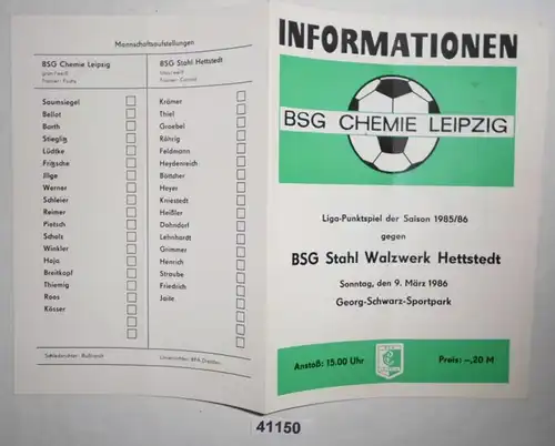 Programme de football Information BSG Chemie Leipzig - BSR Stahl Walz Walter Hettstedt, 09 mars 1986