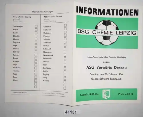 Fußball Programm Informationen BSG Chemie Leipzig - ASG Vorwärts Dessau, 23. Februar 1986