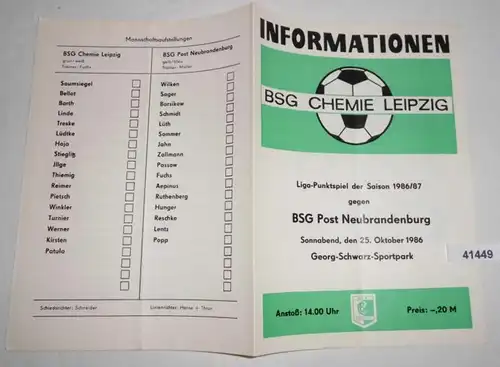 Information Ligue-Points de la saison 1986/1987 BSG Chemie Leipzig contre BSR Post Neubrandenburg