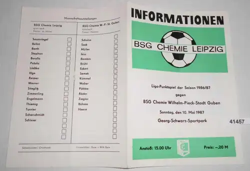 Informationen Liga-Punktspiel der Saison 1986/87 BSG Chemie Leipzig gegen BSG Chemie Wilhelm-Pieck-Stadt Guben