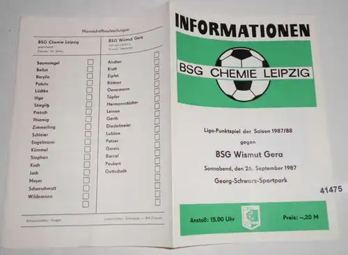Informationen Liga-Punktspiel der Saison 1987/88 BSG Chemie Leipzig gegen BSG Wismut Gera