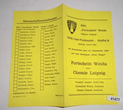 Programm Fußball  Fortschritt Weida - Chemie Leipzig, 19. September 1987