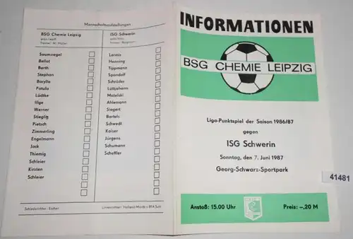 Informationen Liga-Punktspiel der Saison 1986/87 BSG Chemie Leipzig gegen ISG Schwerin