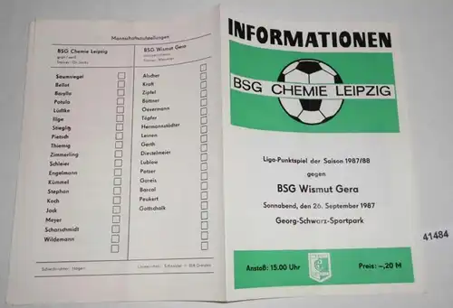 Informations Ligue-Points de la saison 1987/1988 BSG Chemie Leipzig contre B SG Wismut Gera