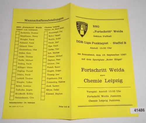 Programm Fußball  Fortschritt Weida - Chemie Leipzig, 19. September 1987