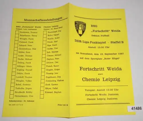 Programme Football Progrès Weida - Chimie Leipzig, 19 septembre 1987