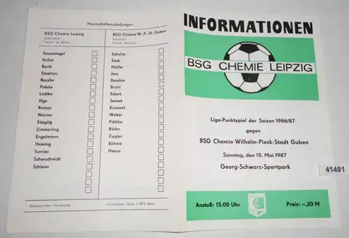 Informationen Liga-Punktspiel der Saison 1986/87 BSG Chemie Leipzig gegen BSG Chemie Wilhelm-Pieck-Stadt Guben