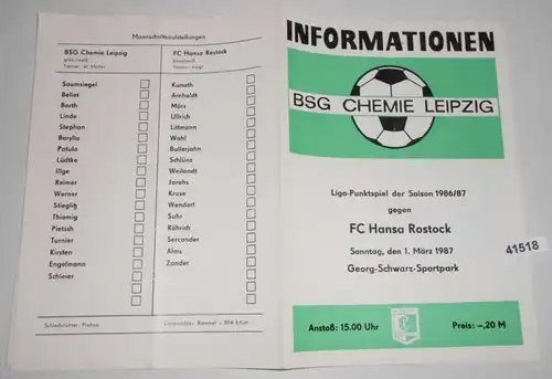 Information Ligue-Points de la saison 1986/1987 BSG Chemie Leipzig contre FC Hansa Rostock