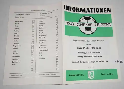 Informations N° 1444 Ligue-Points de la saison 1987/1988 BSG Chemie Leipzig contre BAG Motor Weimar