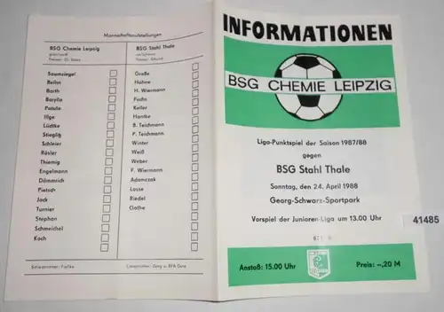 Informationen Nr. 671 Liga-Punktspiel der Saison 1987/88 BSG Chemie Leipzig gegen BSG Stahl Thale