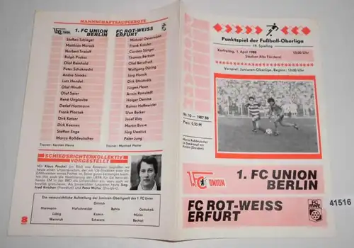 Programme de match de point de football - Oberliga 19ème jour de jeu 1988 1. FC Union Berlin - Fc Rouge-Weiss Erfurt
