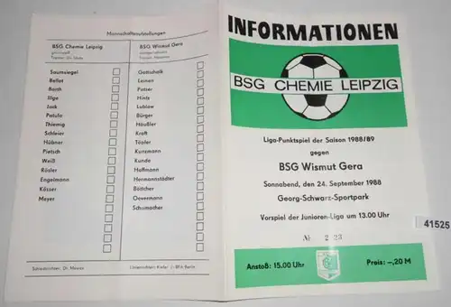Informations N° 2023 match de point de la Ligue de saison 1988/89 BSG Chemie Leipzig contre BGS Wismut Gera