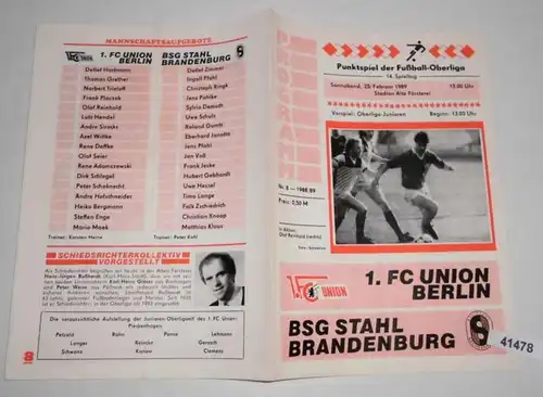 Programme de match de point de football - Oberliga 14ème jour de jeu 1989 1. FC Union Berlin - BSG Stahl Brandenburg