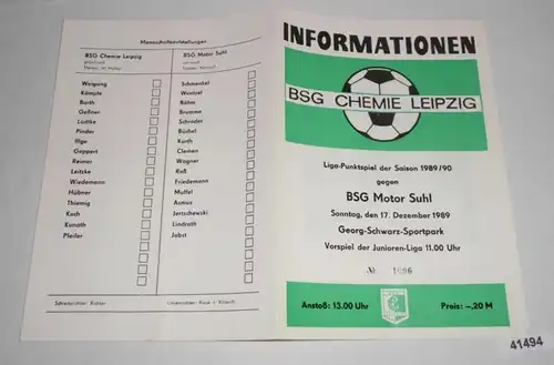 Informations N° 1096 match de point de la Ligue de saison 1989/90 BSG Chemie Leipzig contre BAG Motor Suhl