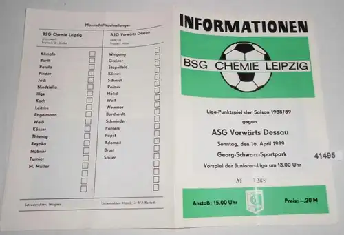 Informations N° 1268 Ligue-Point de la saison 1988/89 BSG Chemie Leipzig contre ASG En avant Dessau