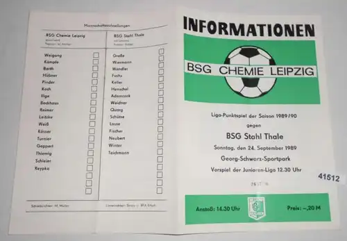 Informationen Nr. 2637 Liga-Punktspiel der Saison 1989/90 BSG Chemie Leipzig gegen BSG Stahl Thale