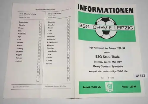 Informations N° 1739 Liga-Schönigs-Punkt-Joint de la saison 1988/89 BSG Chemie Leipzig contre BSR Stahl Thale
