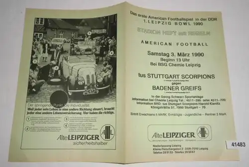 Programm 1. Leipzig BOWL 1990 American Football - Stadion Heft mit Regeln -  tus Stuttgart Scorpions - Badener Greifs