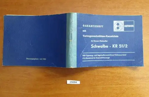 Carnet de garantie avec répertoire des ateliers contractuels pour les petits scooters de Simson Schwalbe - KR 51/2