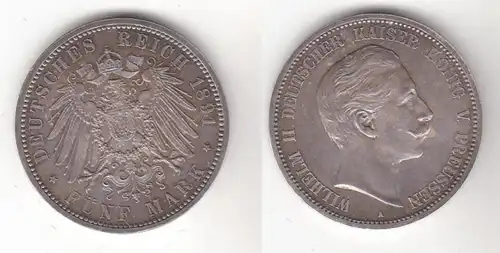 5 Mark Silber Münze Preussen Wilhelm II 1891 A Stgl. (119418)
