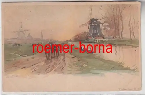 086338 Artiste-Ak Leyde Bauer avec cheval devant un moulin à vent, W. de Haan vers 1900
