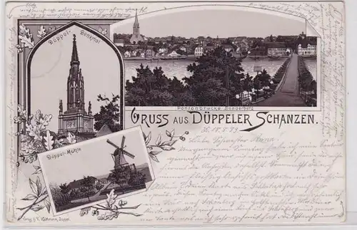 20108 AK Gruss aus Düppeler Schanzen - Denkmal, Mühle & Pontonbrücke 1899