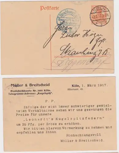 36950 DR Ganzsachen Postkarte P110 Zudruck Möller & Breitscheid Köln 1917