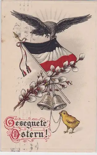40720 Félicitations AK Béni Pâques - Aigle au drapeau de Reichsflagge sur les poussins 1915