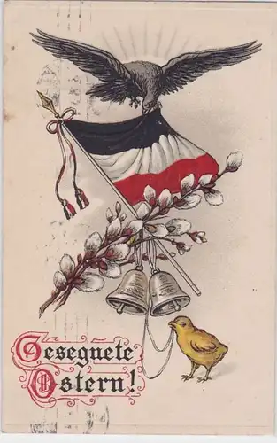 40720 Glückwunsch AK Gesegnete Ostern - Adler an Reichsflagge über Küken 1915