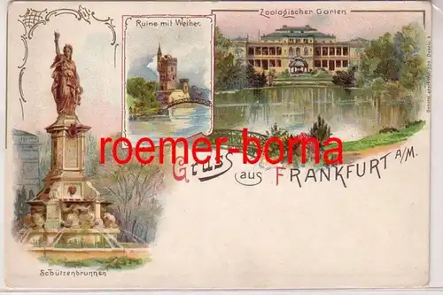49054 Ak Lithographie Gruss de Francfort a.M. Fontaines, zoo, etc. vers 1900