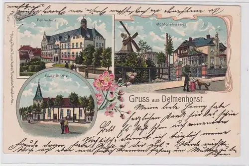 55381 Ak Lithographie Gruß aus Delmenhorst Realschule, Windmühle, Mühlenstraße