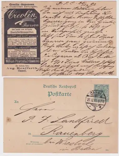 56994 DR Ganzsachen Postkarte PP9 Reklame Creolin Reuffurt Cassel 1893