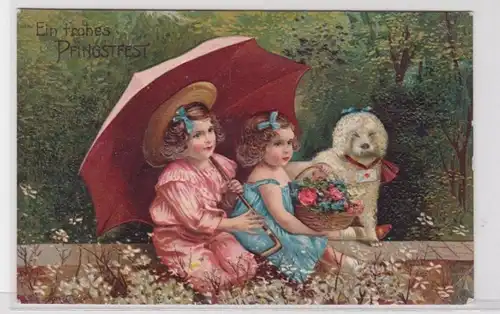 60557 Glückwunsch AK Ein frohes Pfingstfest - Mädchen unter Schirm mit Hund 1900