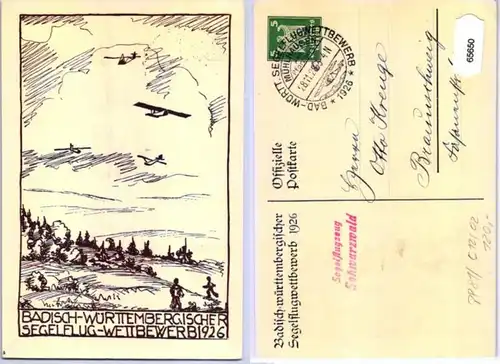 65650 DR Ganzsachen Postkarte PP81/C12/2 Bad.Württ.Segelflugwettbewerb 1926