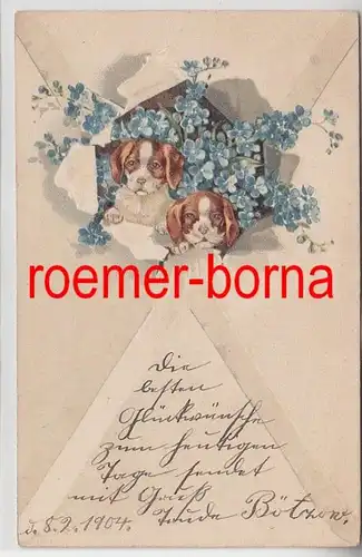 67167 geprägte Künstler-Ak Glückwunsch mit Vergißmeinnicht und 2 Hundebabys 1904