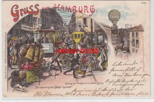 67791 Ak Lithographie Salutation de Hambourg 'Le train électrique vient!' 1898