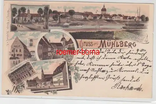 68421 Ak Lithographie Gruß aus Mühlberg Post, Kirchstraße, Markt usw. 1903