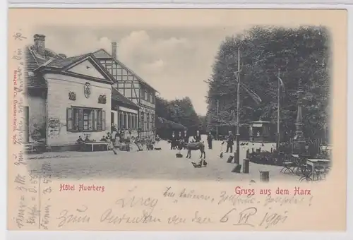 68671 AK Gruss aus dem Harz - Hôtel Auerberg mit Denkmal auf dem Vorplatz 1901