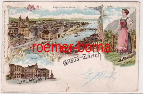 68996 Ak Lithografie Gruss aus Zürich Bahnhof, Grossmünster, Tracht, 1898