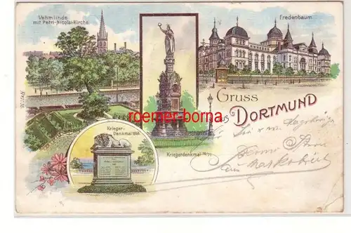 69131 Ak Lithografie Gruss aus Dortmund Fredenbaum, Kriegerdenkmal usw. 1901