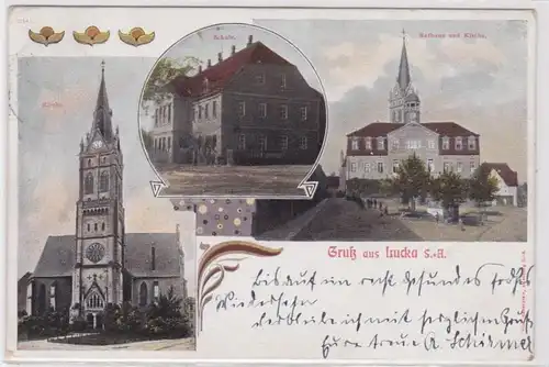 70496 Mehrbild Ak Gruß aus Lucka S.-A. Schule, Rathaus & Kirche 1908