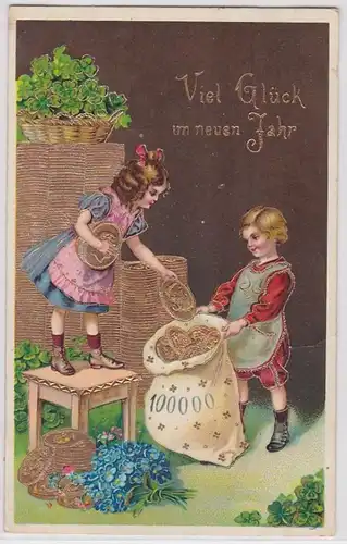 70645 Nouvel An Ak enfants emballer des pièces d'or dans des sacs vers 1910