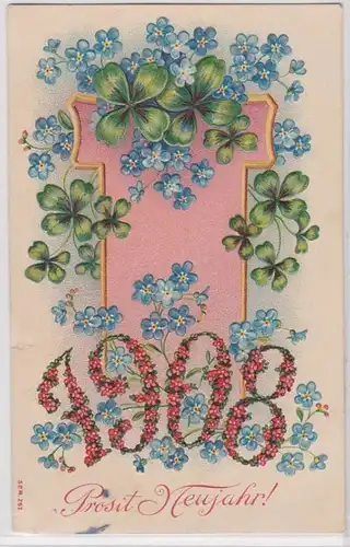 73264 Glückwunsch AK Prosit Neujahr 1908, vierblättrige Kleeblätter & Blumen