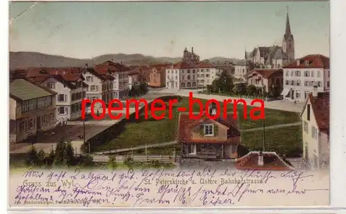 74491 Ak Gruss aus Wyl St. Peterskirche u. Untere Bahnhofstrasse 1904