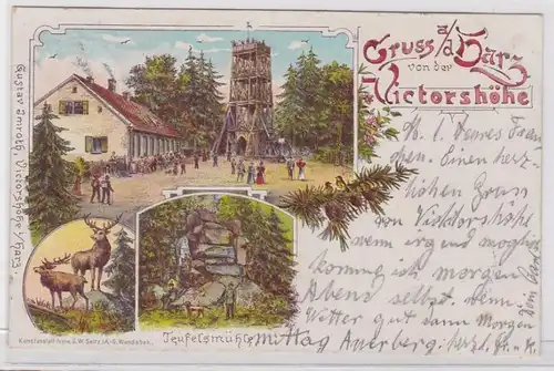 74762 AK Gruss aus dem Harz von der Victorshöhe - Teufelsmühle & Turm 1898